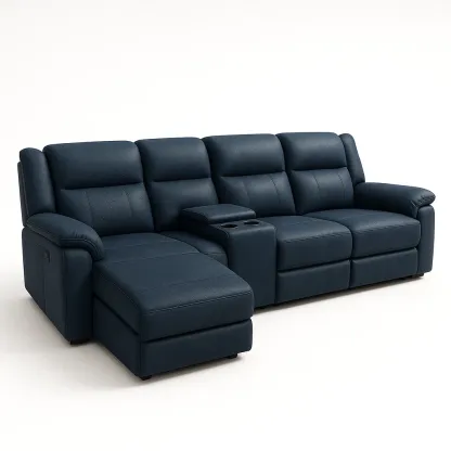 Modulsoffor blå L-formad i PU-läder med dryckeshållare och fällbara sittplatser