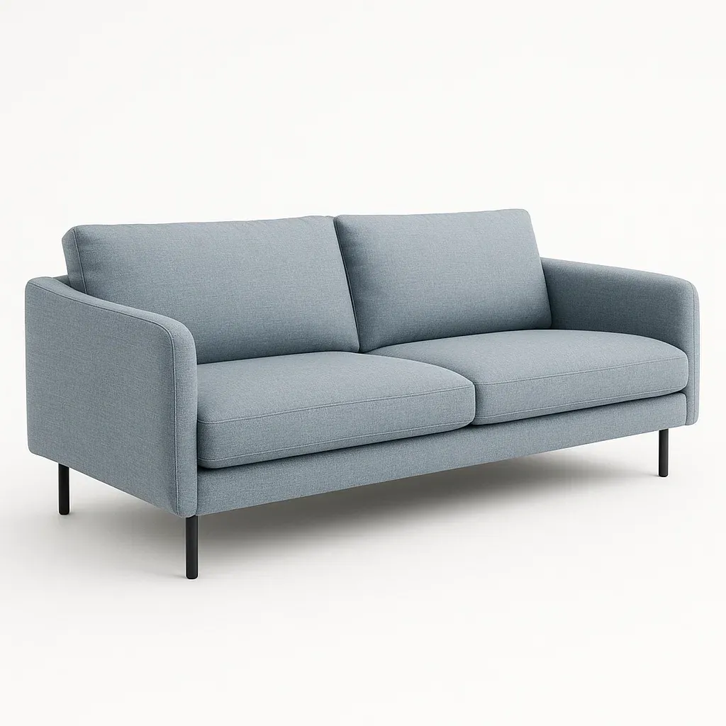 Rak soffa soffa i ljusblått polyestertyg med stålram
