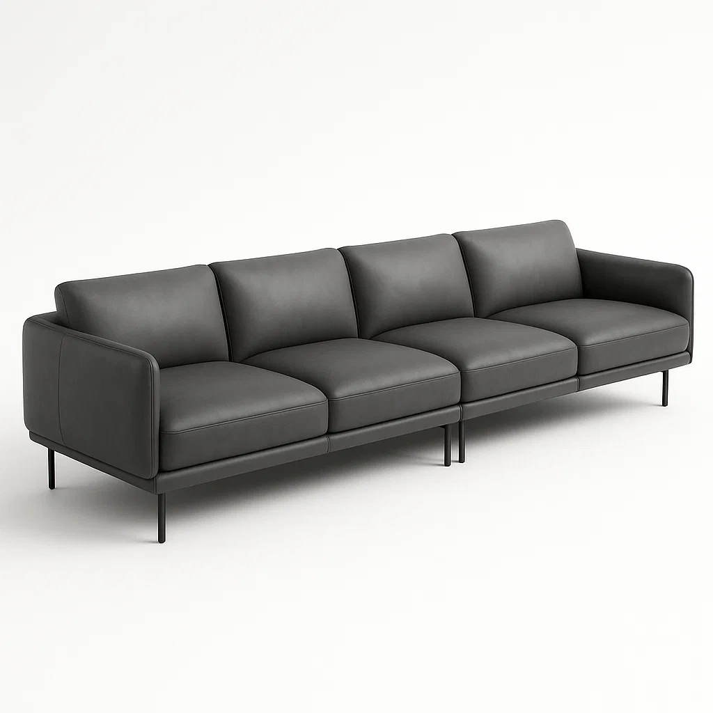 Rak soffa mörkgrå läder soffa fyrsitsig med metallben