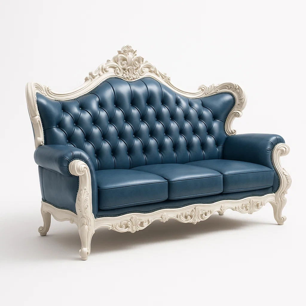 Rak soffa 3-sits i blått PU-läder med snidad träram