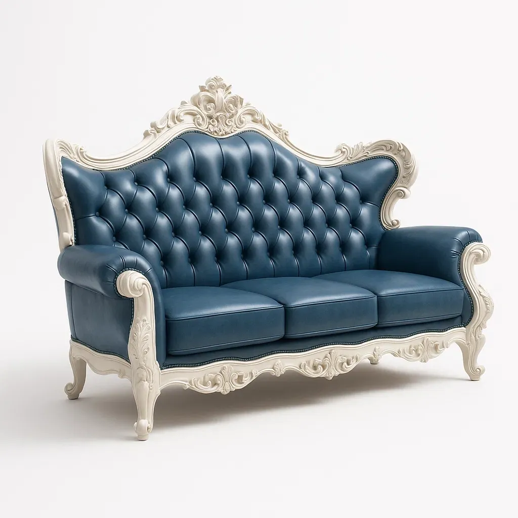 Rak soffa 3-sits i blått PU-läder med snidad träram