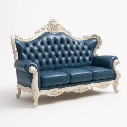 Rak soffa 3-sits i blått PU-läder med snidad träram