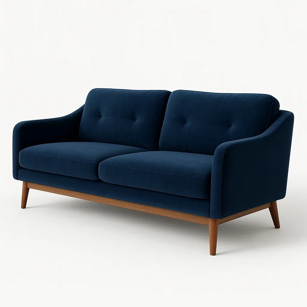 Rak soffa 3-sits i blå sammet med träben