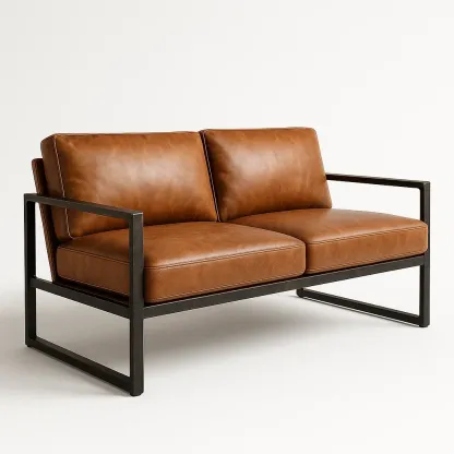 Rak soffa brun läder 2-sits soffa med järnram