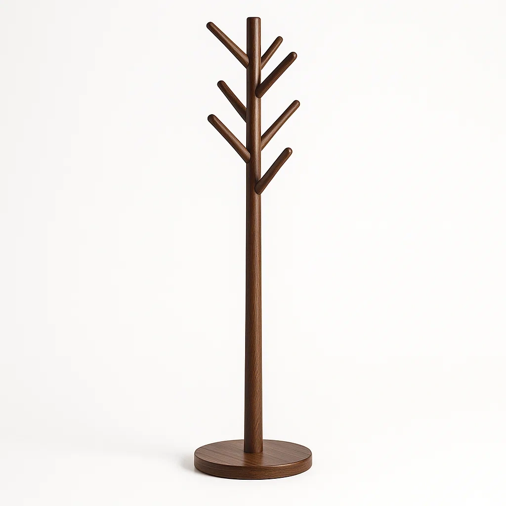 Klädhängare i valnöt med rund bas, höjd 170 cm