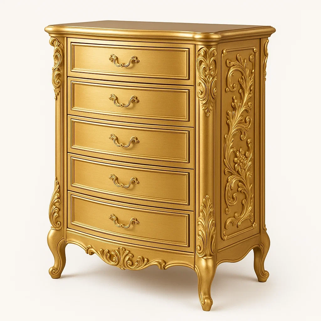 Byråer med fem lådor guld dekorativt träsnideri 100×45×120 cm