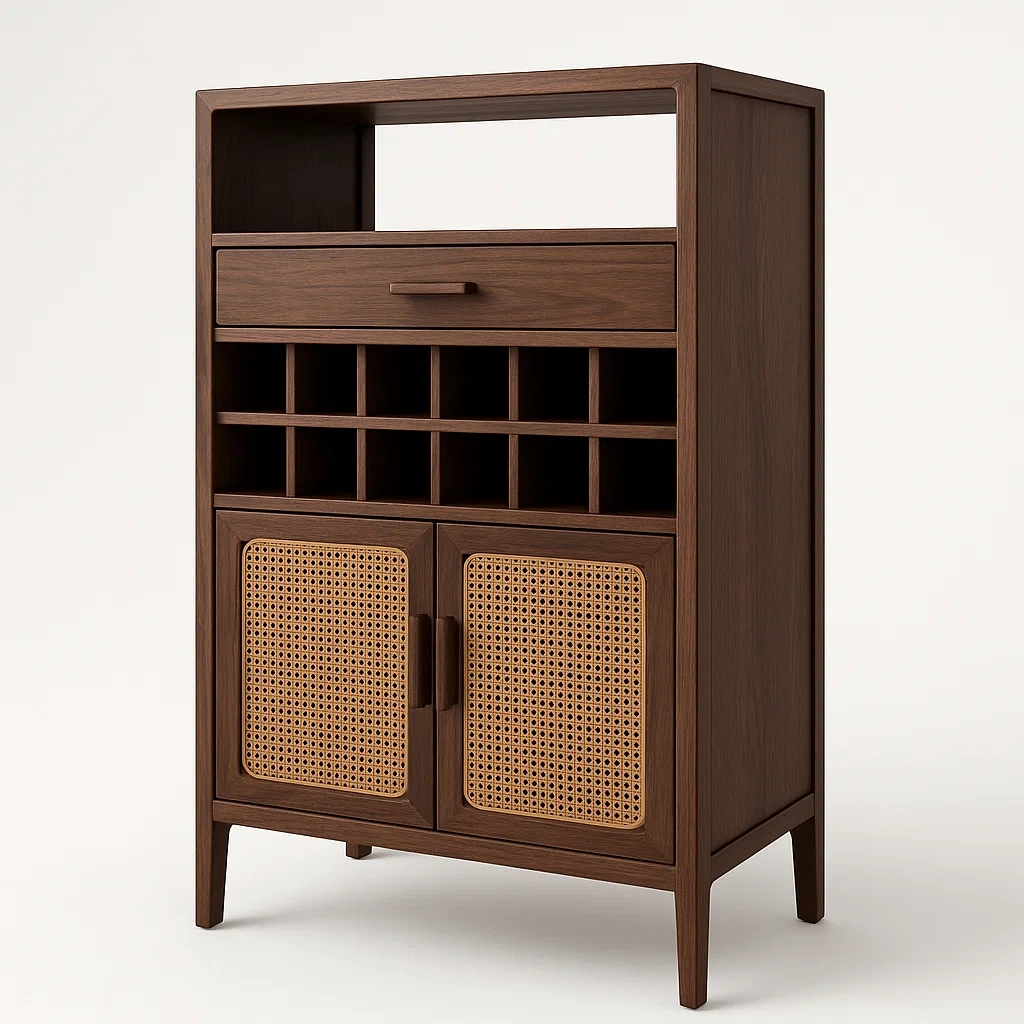 Vinskåp vinlagringsskåp i trä med rottingdetaljer