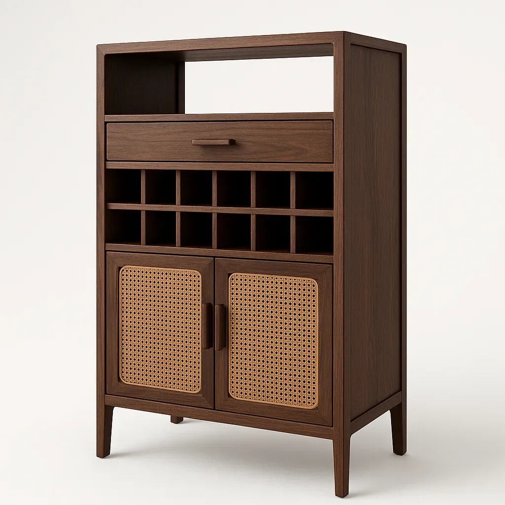 Vinskåp vinlagringsskåp i trä med rottingdetaljer