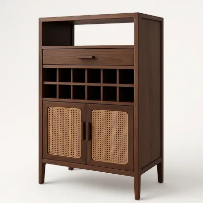 Vinskåp vinlagringsskåp i trä med rottingdetaljer