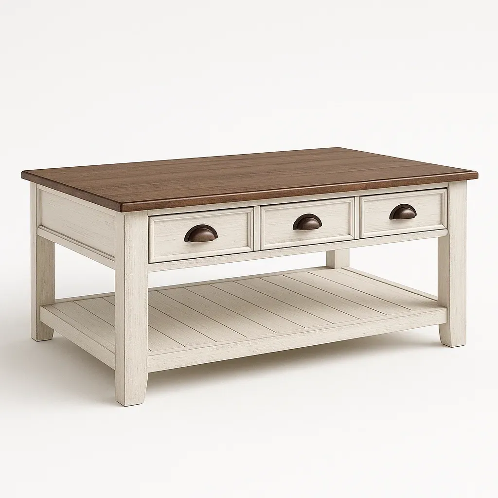 Soffbord i trä med tre lådor vit/brun