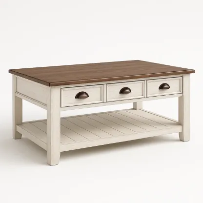 Soffbord i trä med tre lådor vit/brun