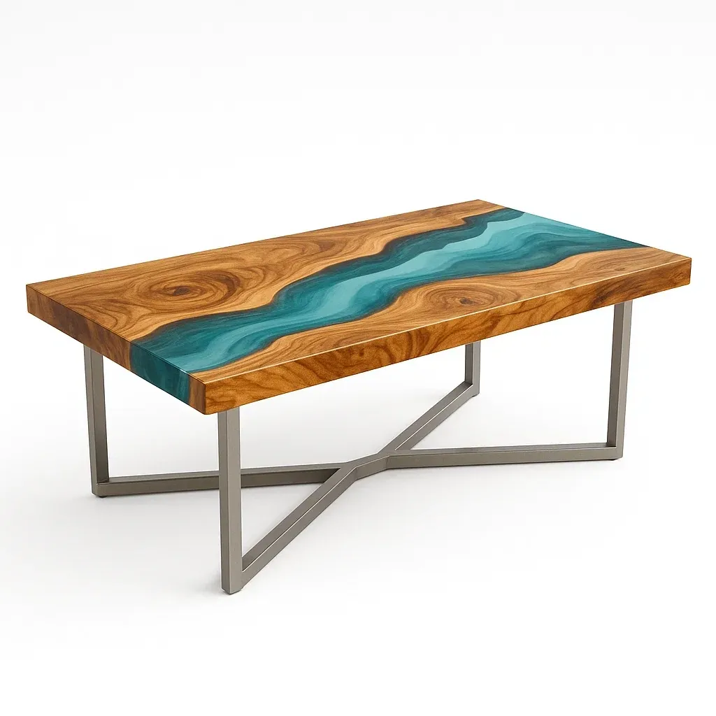 Soffbord i massivt trä, epoxy och metall 120×60×45 cm