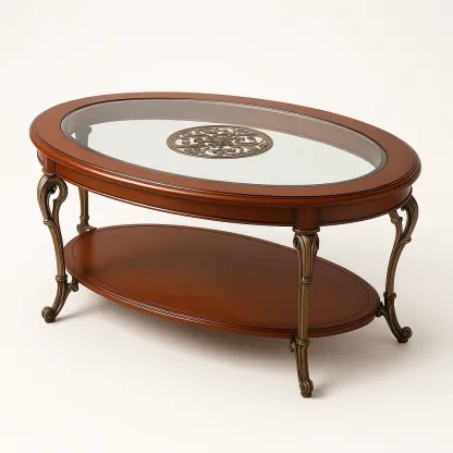 Soffbord ovalt i glas och metall med hylla brun