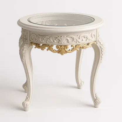 Sidobord runt konsolbord med härdat glas och polyresin beige