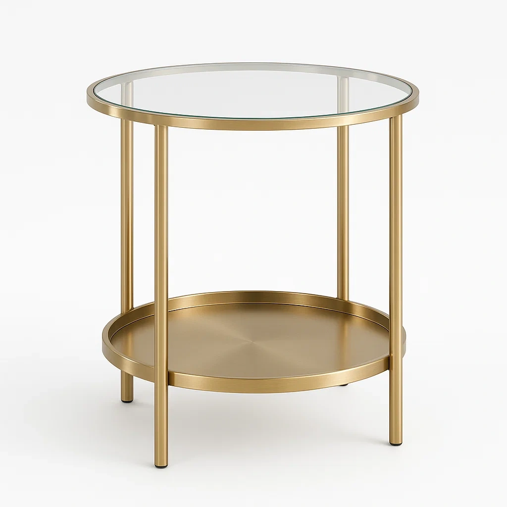 Sidobord runt med härdat glas och metallram guld 50×60 cm