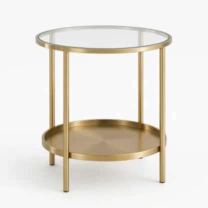 Sidobord runt med härdat glas och metallram guld 50×60 cm