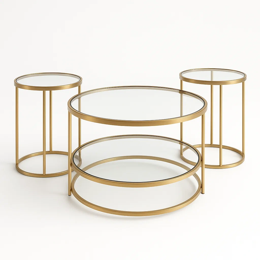 Soffbordsset runt soffbord och sidobordsset i glas med metallram i guld