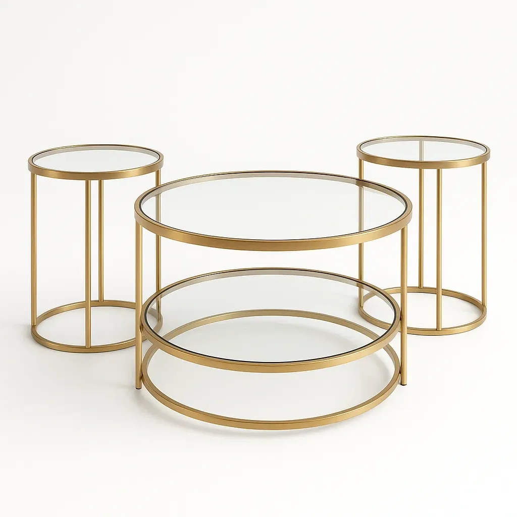 Soffbordsset runt soffbord och sidobordsset i glas med metallram i guld