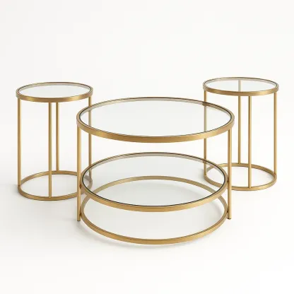 Soffbordsset runt soffbord och sidobordsset i glas med metallram i guld