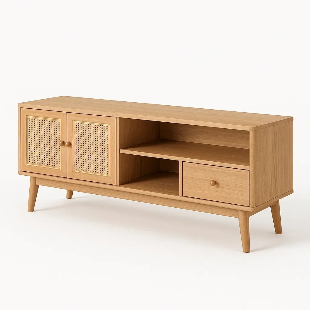 TV-bänk i ekfärgad fanér med rottingdetaljer