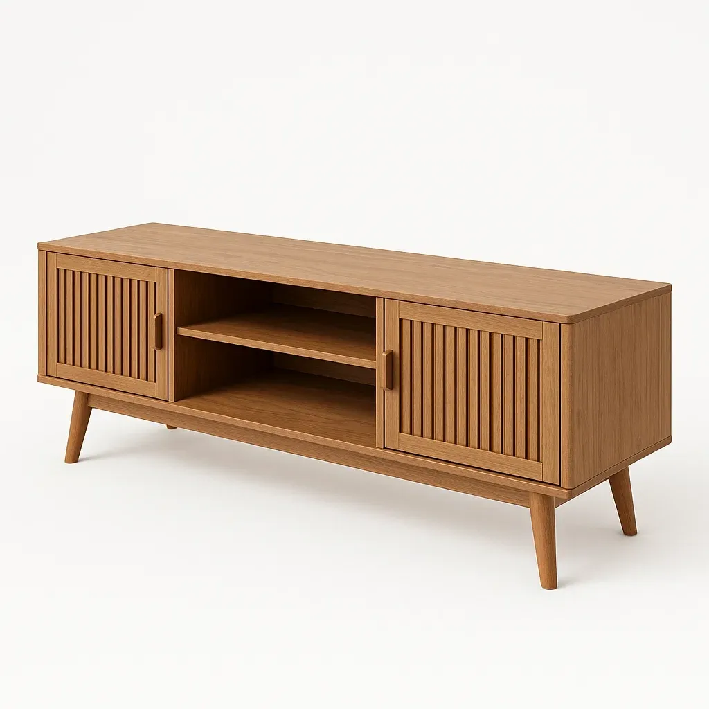 TV-bänk i ekfanér med skjutdörrar och hyllor 150×40×50 cm