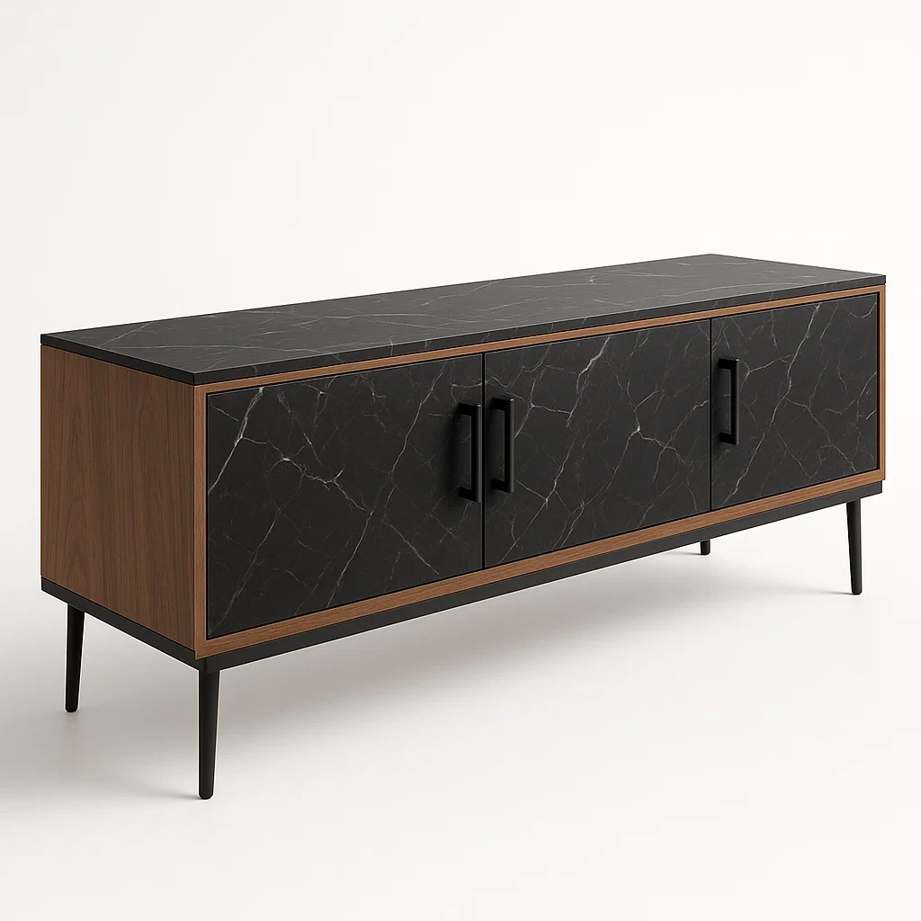 TV-bänk i trä och marmorlook med metallben 140 cm