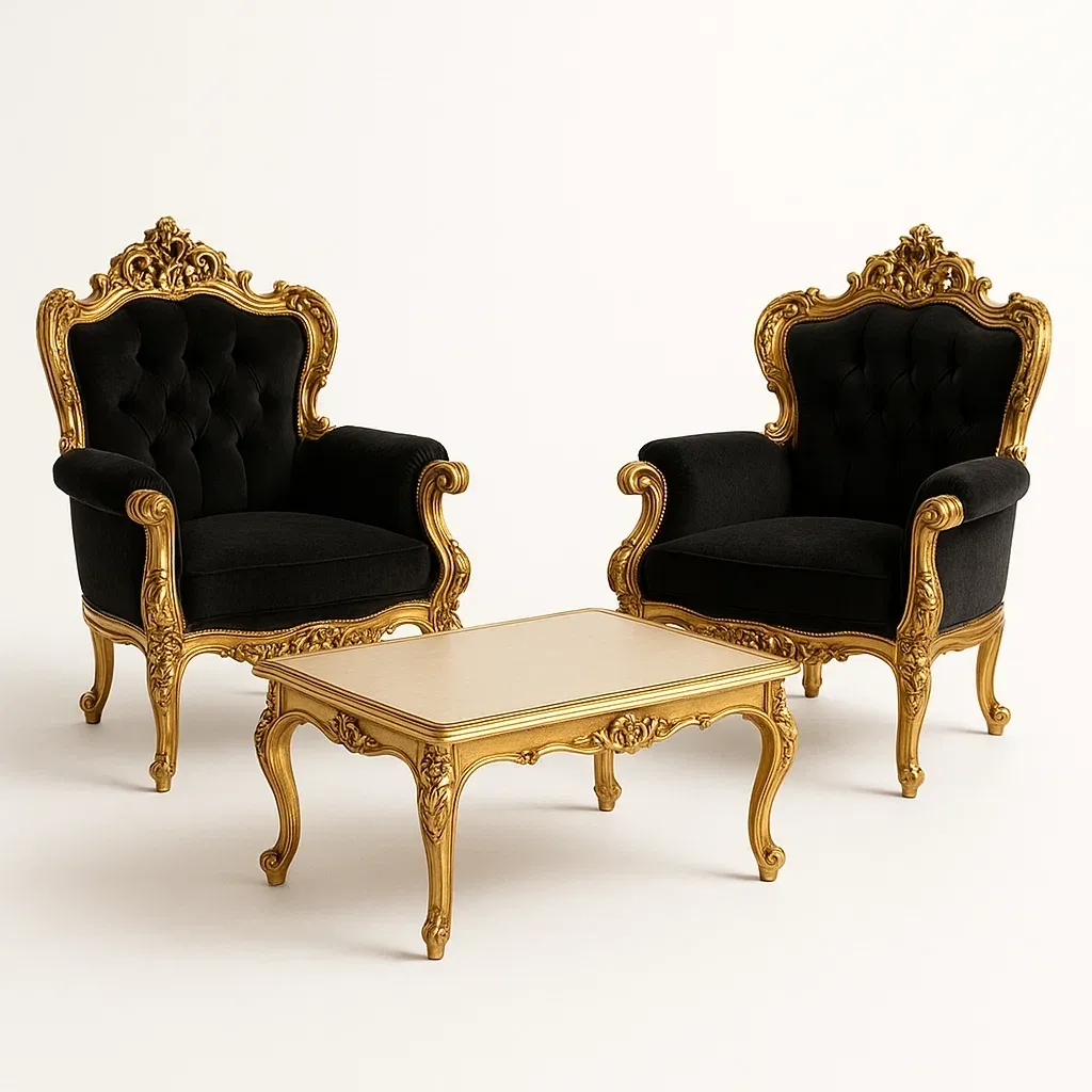 Vardagsrumsset fåtölj och bord set i svart sammet och guld trä