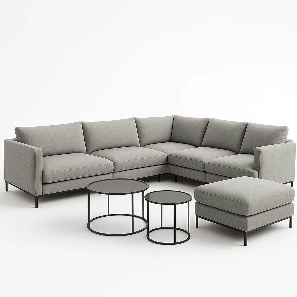 Vardagsrumsset modulär hörnsoffa i grått tyg med svarta metallben