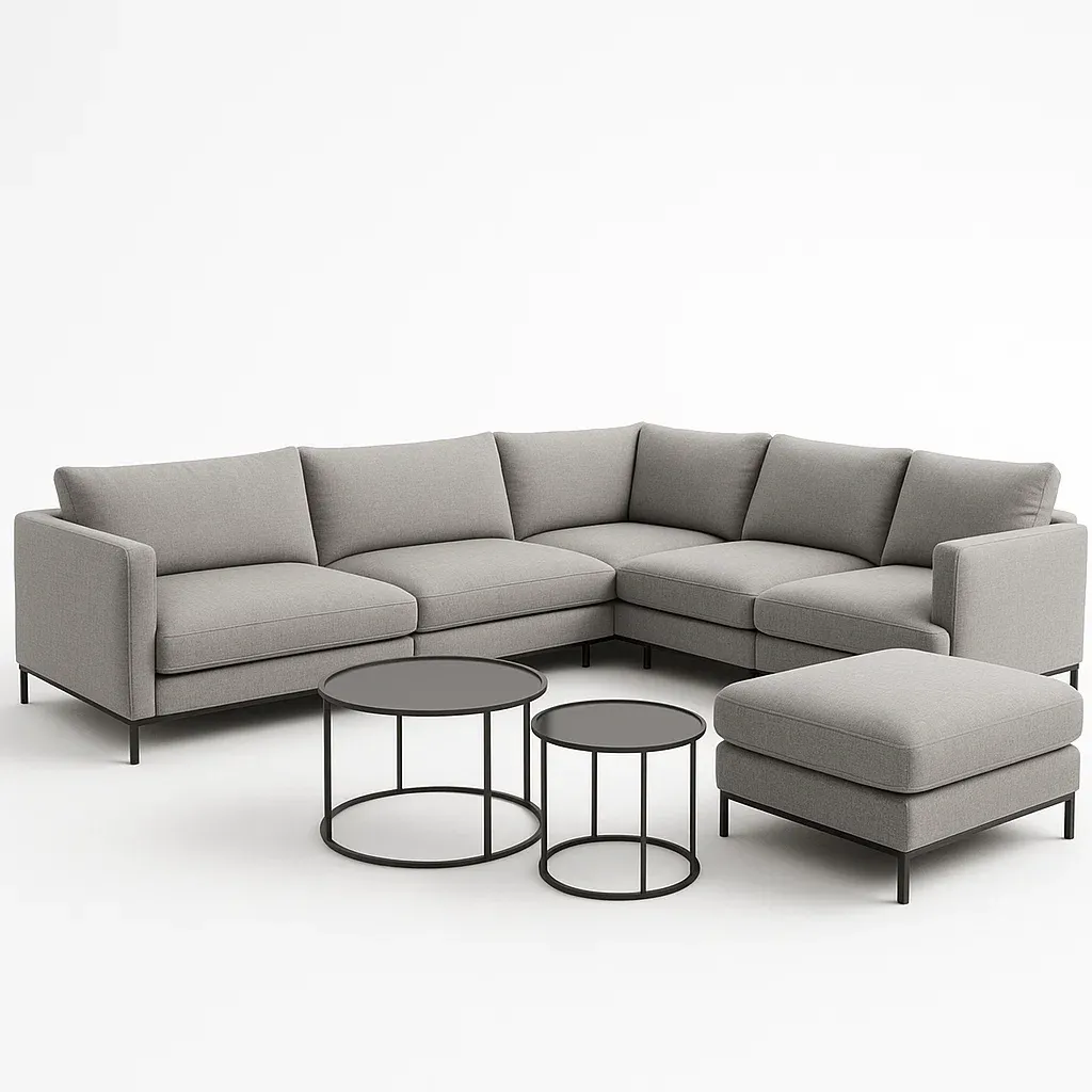 Vardagsrumsset modulär hörnsoffa i grått tyg med svarta metallben