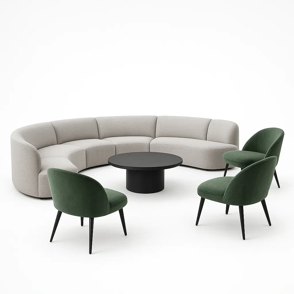 Vardagsrumsset modulär i beige och grön med svart runt bord