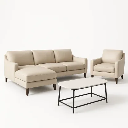 Vardagsrumsset beige skinnsoffa med fåtölj och soffbord i metall