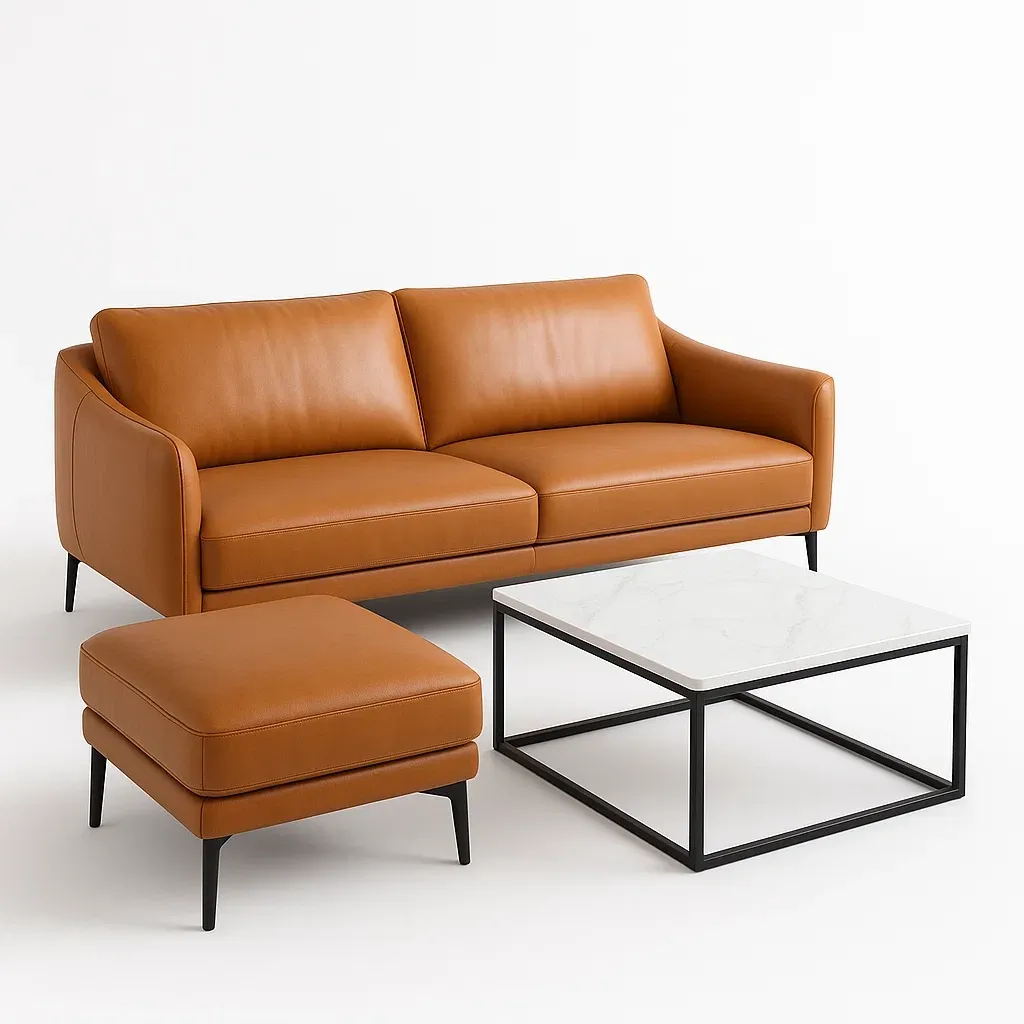 Vardagsrumsset brun PU-läder 3-sits soffa set med marmorsoffbord och fotpall