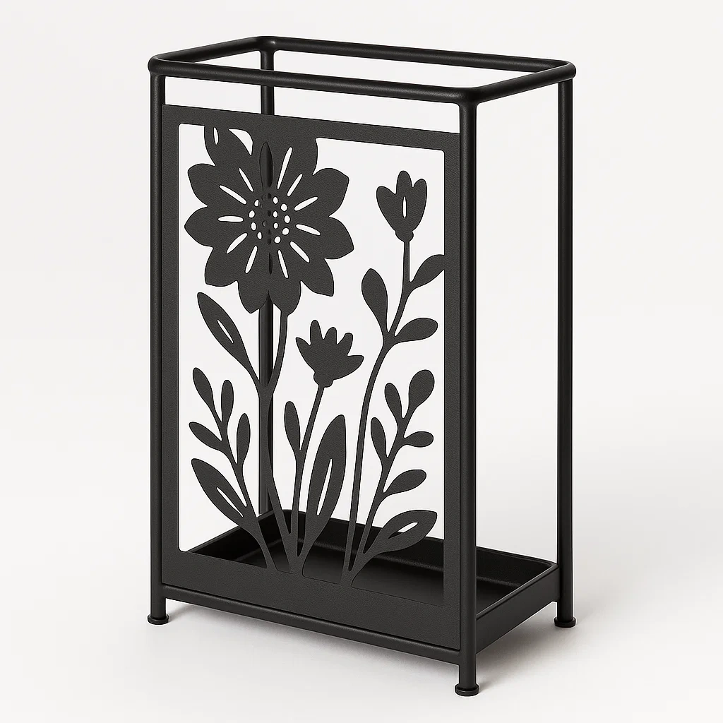Paraplyställ svart metall med blommigt mönster 30×15×50 cm