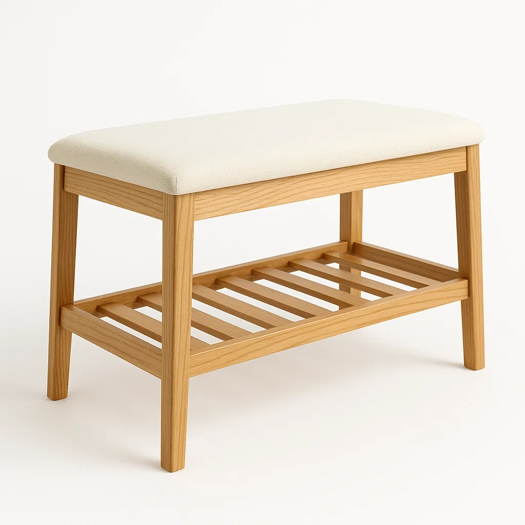 Skobänk ekpall med förvaringshylla och tygklädsel