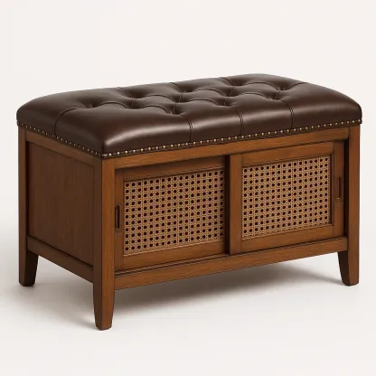 Skobänk i valnöt med brun PU-läderöverdrag och rottingdetaljer