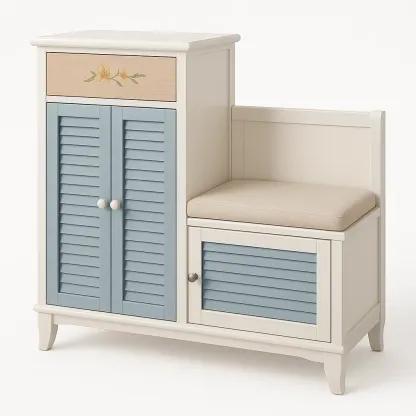 Skobänk skoskåp med sits i trä, blå och vit med kudde