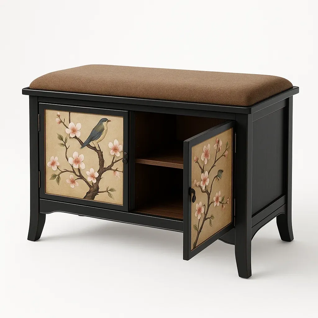 Skobänk med fågel- och blommönster svart träram linnetygklädsel 80 cm