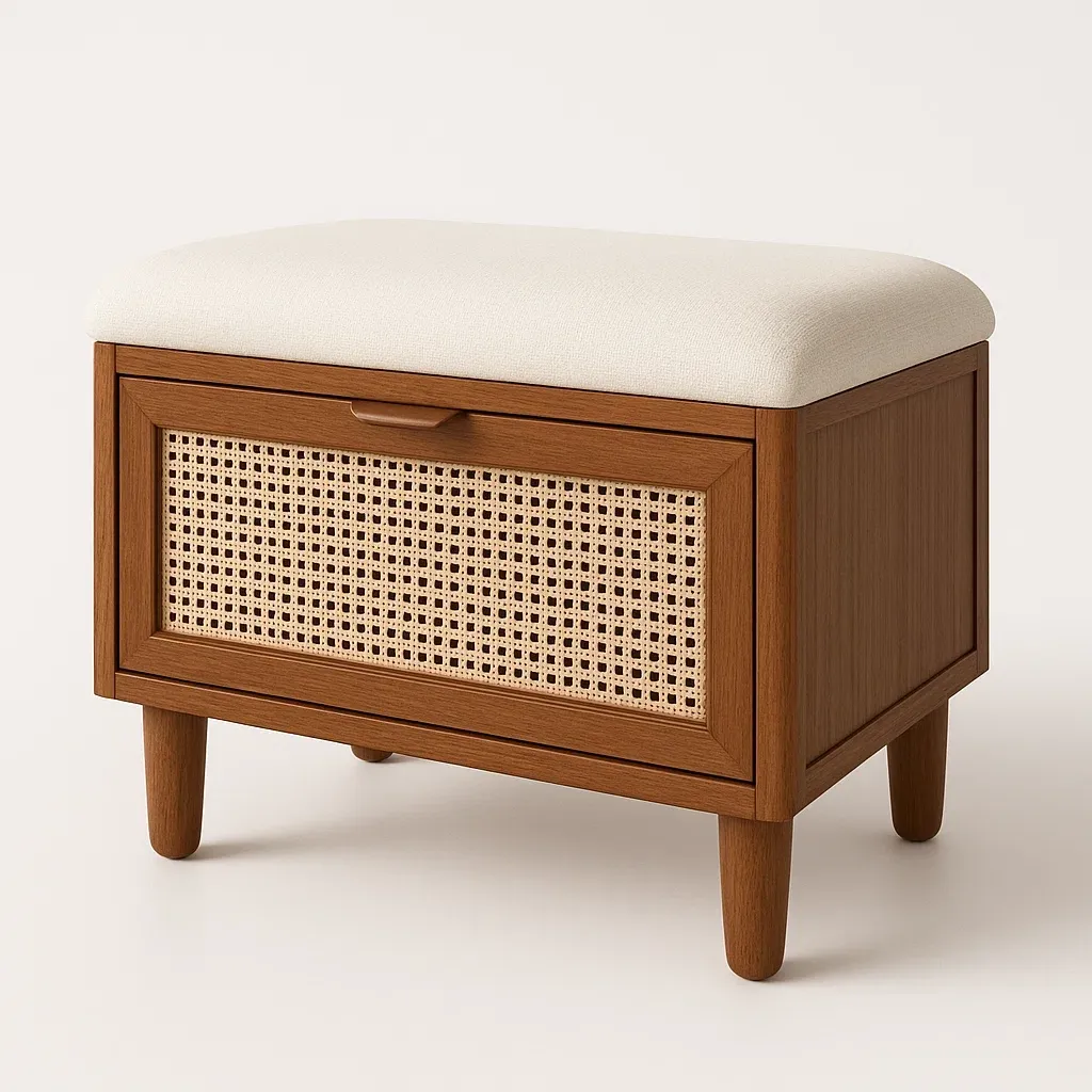 Skobänk trä/rotting med vit polyesterklädsel 60×30×45 cm