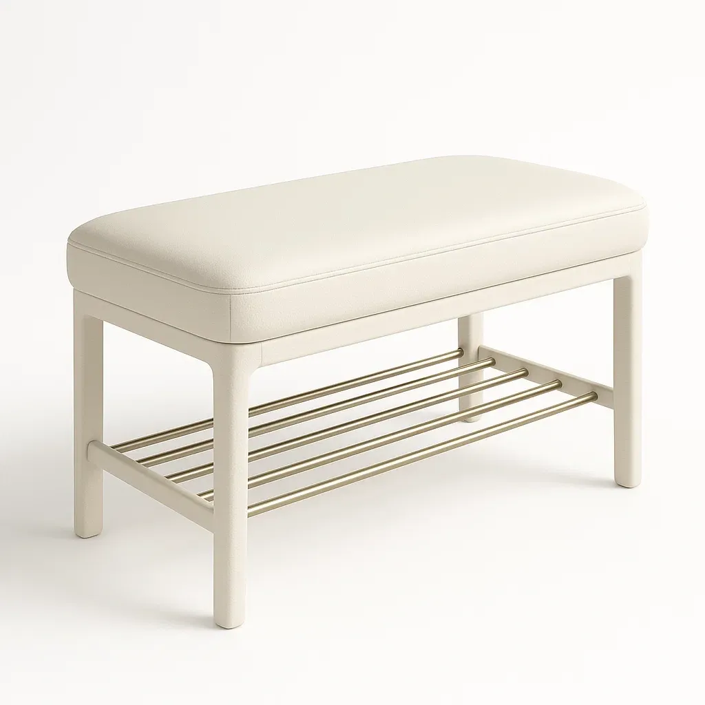 Skobänk i vit fauxläder och metall med skohylla