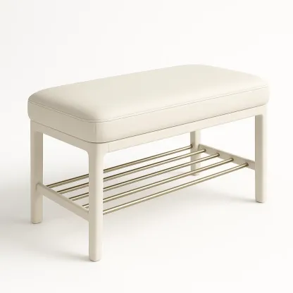 Skobänk i vit fauxläder och metall med skohylla