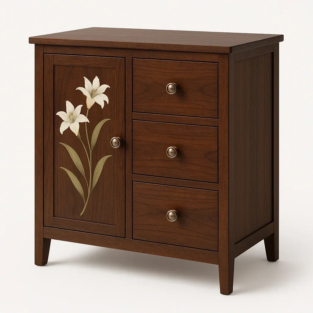 Byråer byrå med tre lådor och en dörr med blomdesign