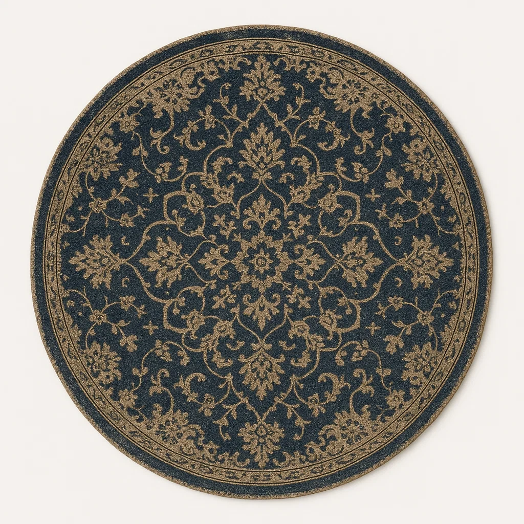 Rund matta i polyester med blommönster 160 cm marinblå/beige