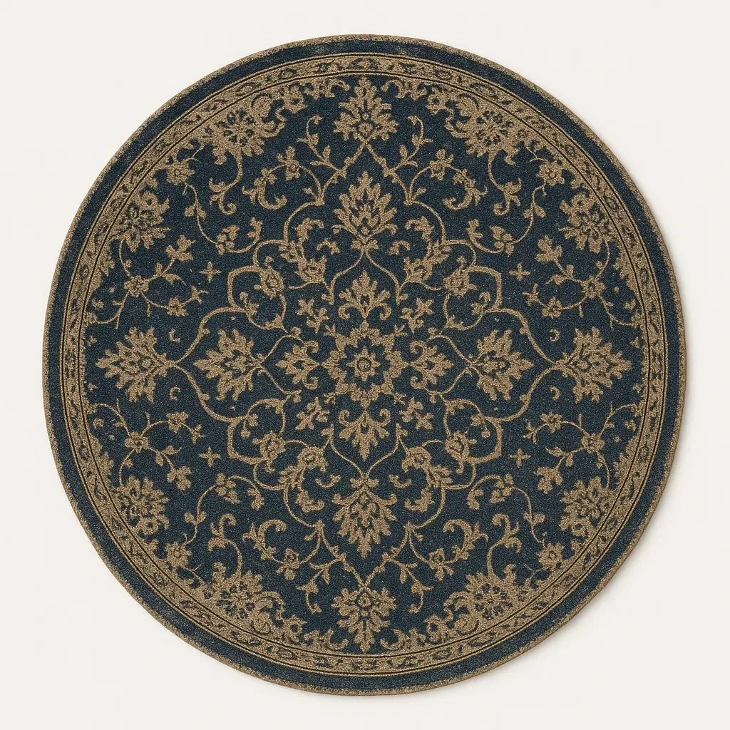 Rund matta i polyester med blommönster 160 cm marinblå/beige