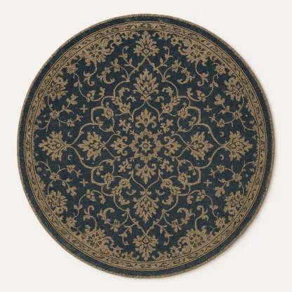 Rund matta i polyester med blommönster 160 cm marinblå/beige