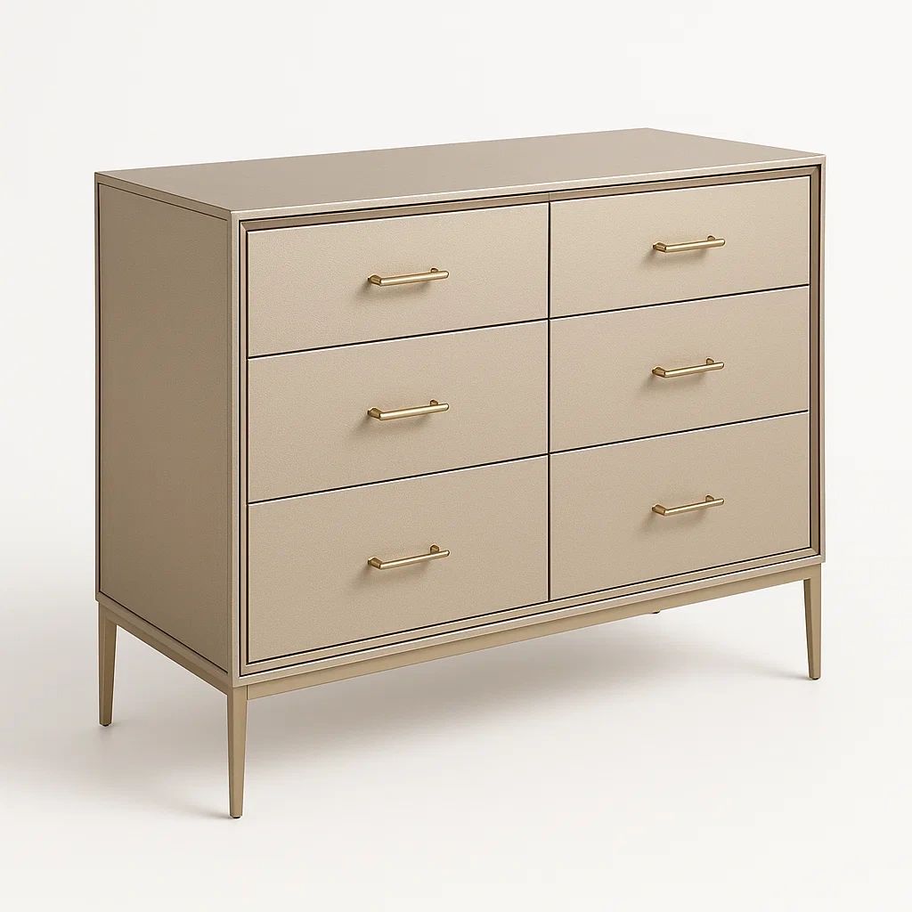 Byråer med 6 lådor i metall och trä med guldhandtag 90×75×40 cm