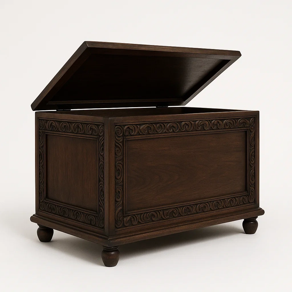 Förvaringskistor i trä med detaljrik snidning 80×45×50 cm