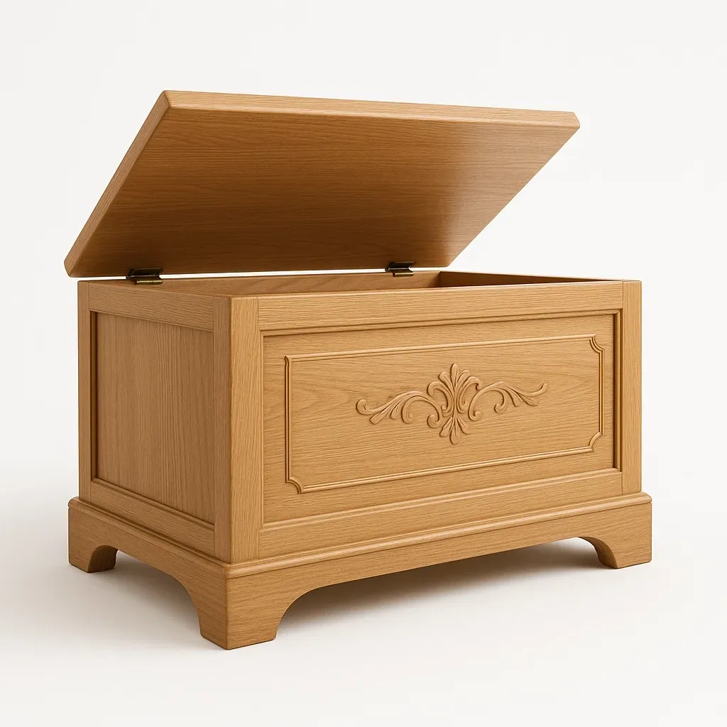 Förvaringskistor trälåda med graverat mönster och gångjärnslock i ekfanér 80×45×55 cm