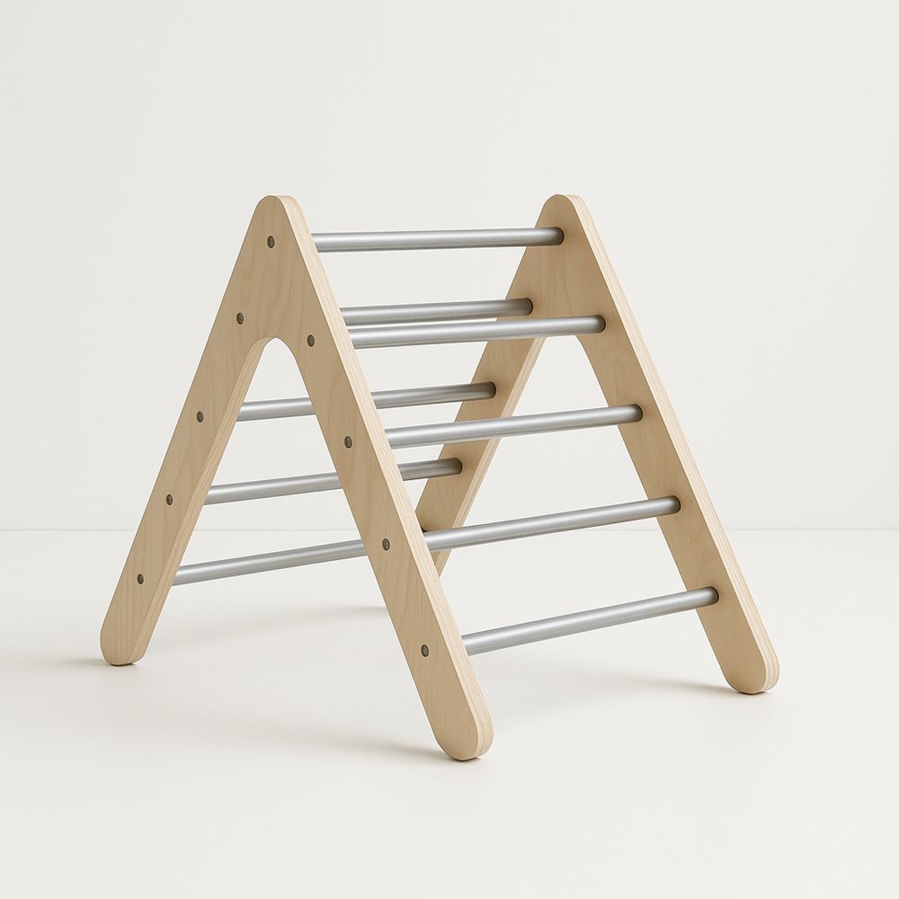 Dětská lezecká pyramida z březového dřeva a kovu přírodní/stříbrná-Larcalmo
