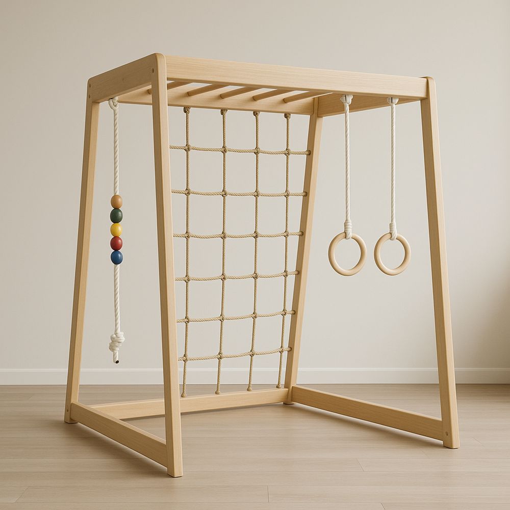 Dřevěná prolézačka pro děti s kruhy a lezeckou sítí-Larcalmo