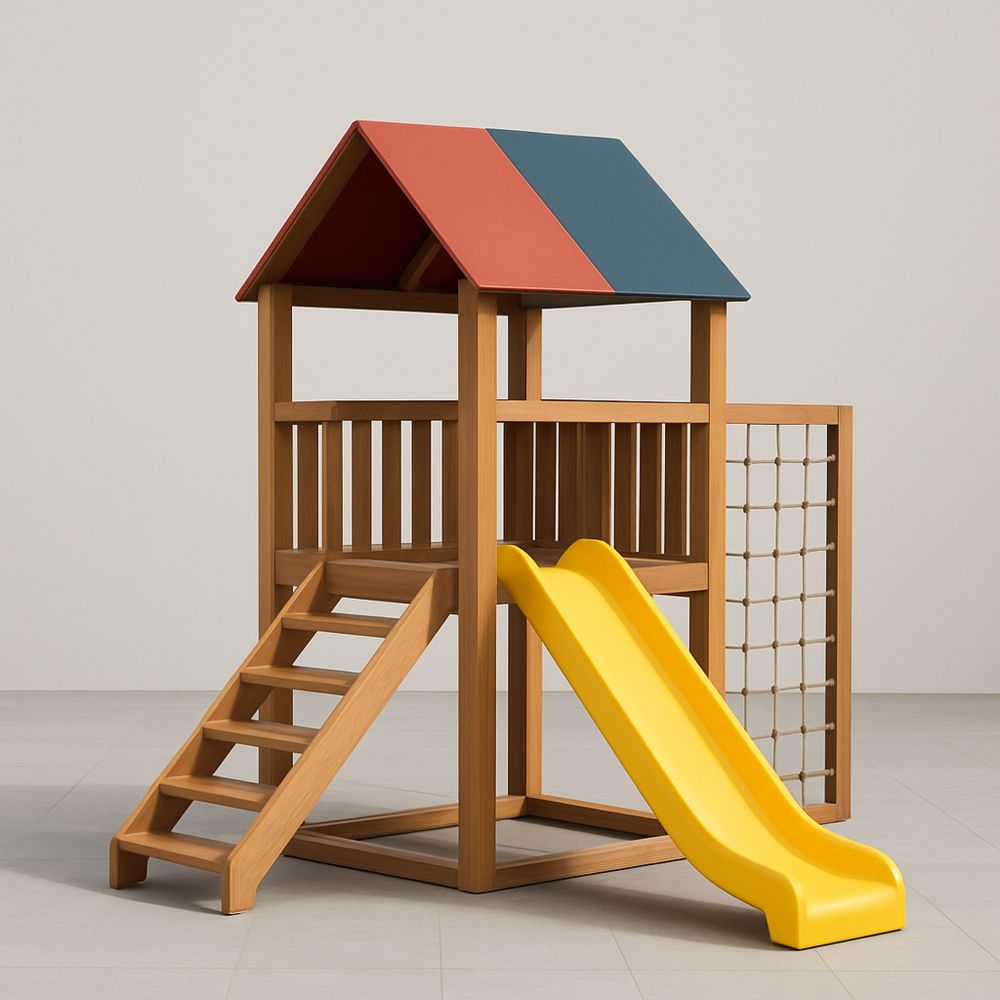 Dřevěné dětské hřiště s plastovou skluzavkou žlutá vícebarevná střecha 300 cm x 200 cm x 250 cm-Larcalmo